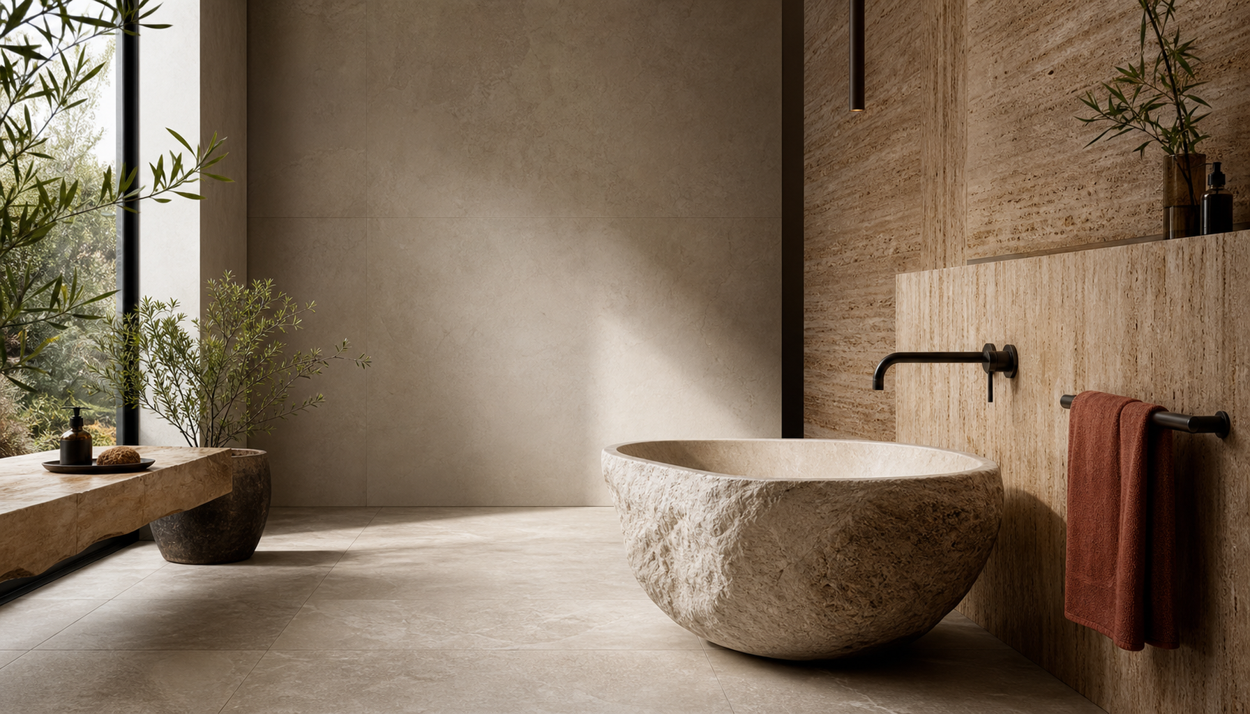 2026 banyo trendleri: doğal taş ve mat yüzeyler