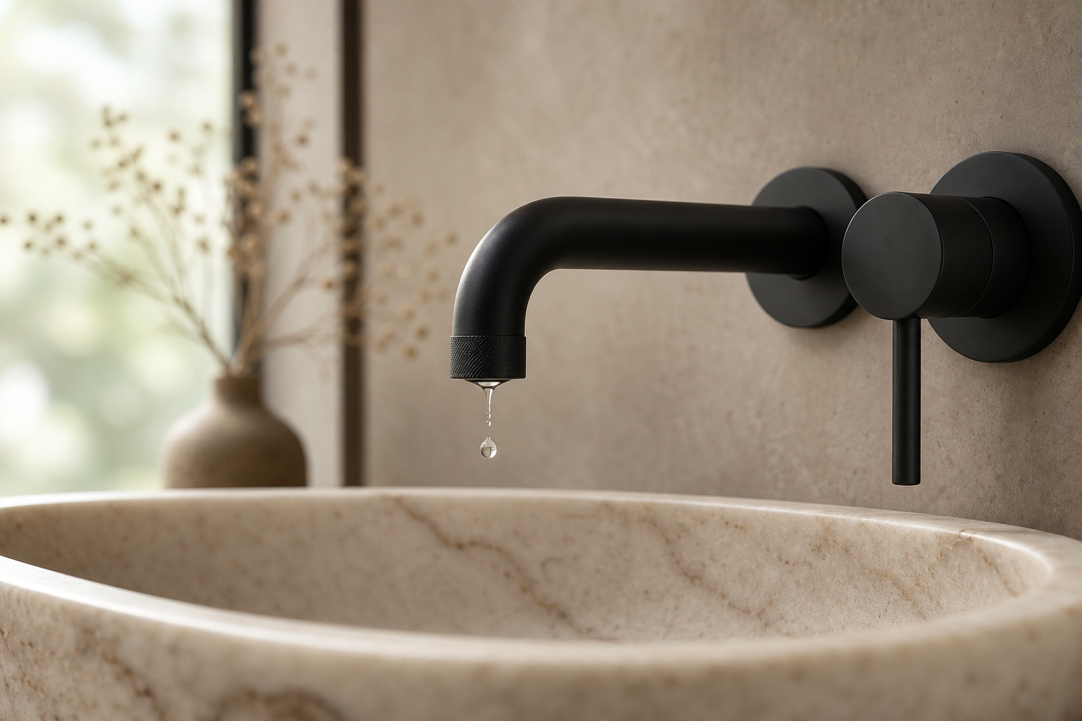Doğal taş lavabo üzerinde mat siyah armatür detayı